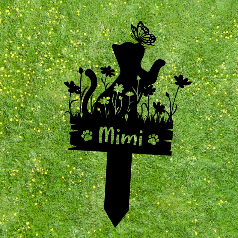 Custom Cat Memorial Stake, Cat Grave Marker Garden Decor, Cat with Butterfly & Flowers Stake, Cat Loss, Cat Memorial Gift, Sympathy Sign