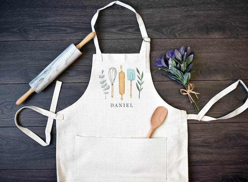 Personalized Linen Kitchen Apron, Custom Cooking Apron with Pocket, Mother's Day Gift, Gift For Mom, Gift For Grandma