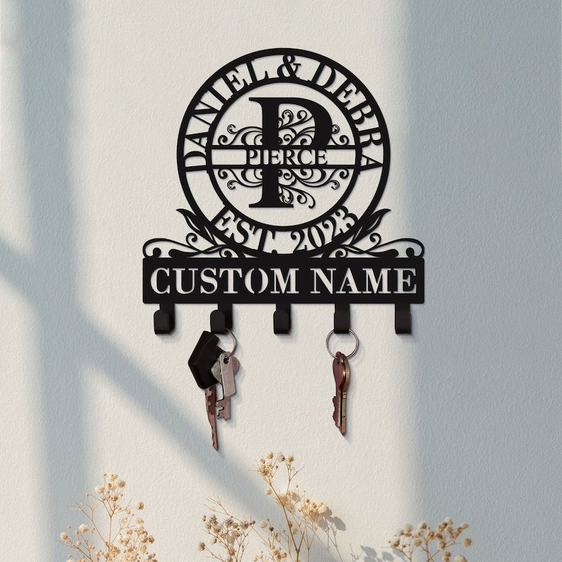 Monogram Key Holder Personalized Name with 5 Hooks, Metal Key Holder for Wall, Monogram Wall Decor, Family Key Holder, Wall Mounted Key Rack