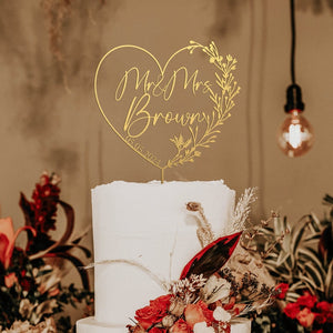 Gold Cake Topper with Heart, Heart cake topper, Wedding cake toppers,Wedding cake topper,Mr MRs Cake topper, Rustic,Personalized cake topper