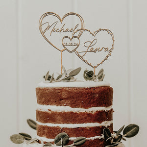 Gold Cake topper with Hearts for Wedding, Date Cake topper, Cake topper wedding, Custom name and date cake topper, Anniversary Cake topper