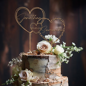 Gold Cake topper with Hearts for Wedding, Date Cake topper, Cake topper wedding, Custom name and date cake topper, Anniversary Cake topper