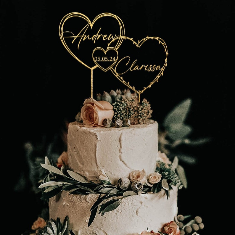 Gold Cake topper with Hearts for Wedding, Date Cake topper, Cake topper wedding, Custom name and date cake topper, Anniversary Cake topper