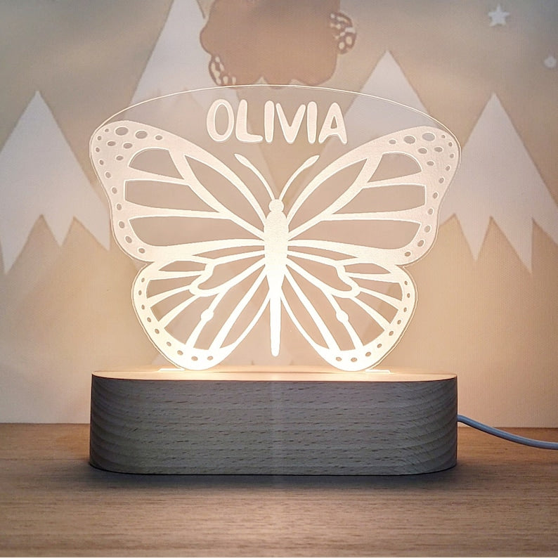 Custom Night Light, Moon & Stars Butterfly Or Rainbow For Kids Room Decor, Personalize With Your Name