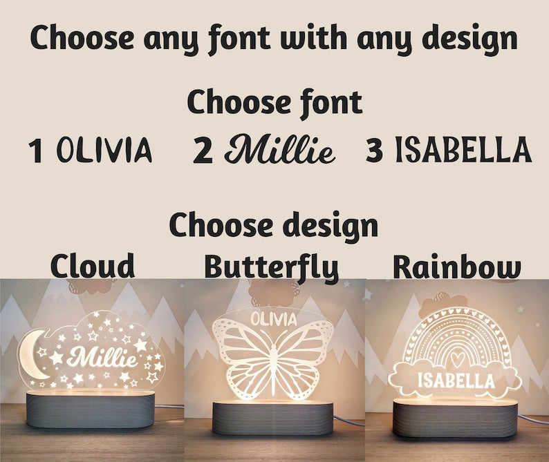 Custom Night Light, Moon & Stars Butterfly Or Rainbow For Kids Room Decor, Personalize With Your Name