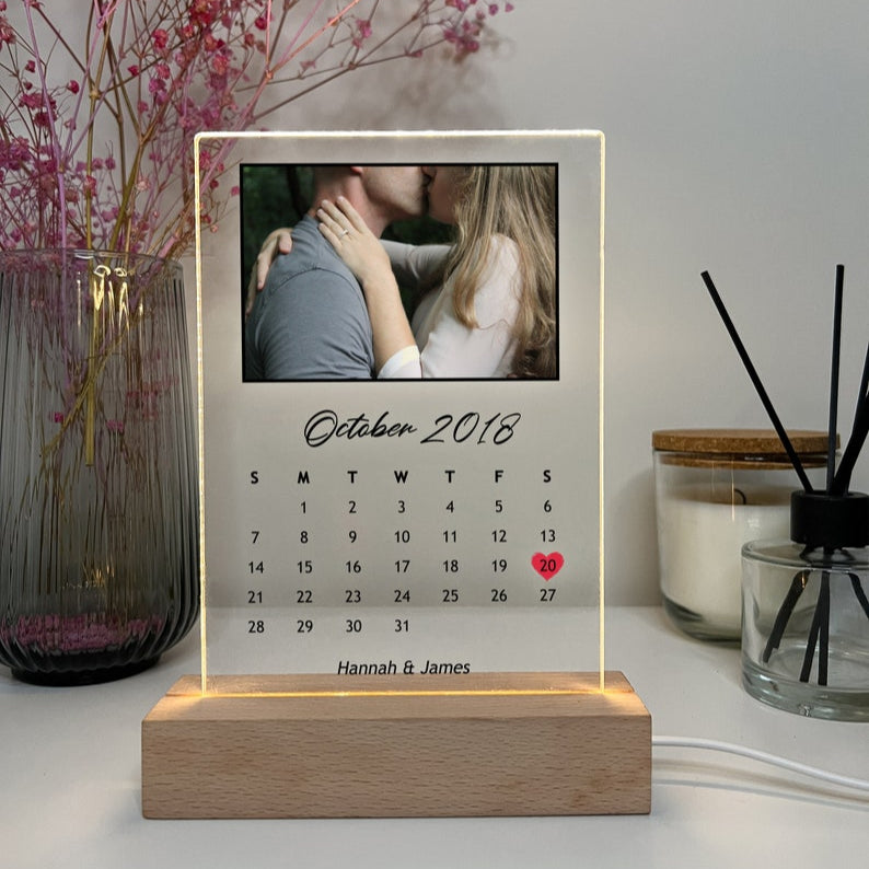 Custom Personalized Night Light Photo Picture LED Light Stand Anniversary Wedding Couples Friends Family Calendar Date Month Memories Gifts