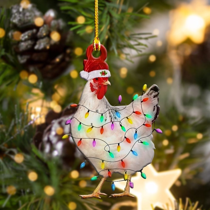 Chicken Christmas Light Ornament, Chicken Ornament, Christmas Flat Ornament, Cute Hen Ornament, Chicken Lover Gift 2D Flat Ornament