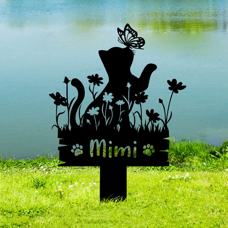 Custom Cat Memorial Stake, Cat Grave Marker Garden Decor, Cat with Butterfly & Flowers Stake, Cat Loss, Cat Memorial Gift, Sympathy Sign