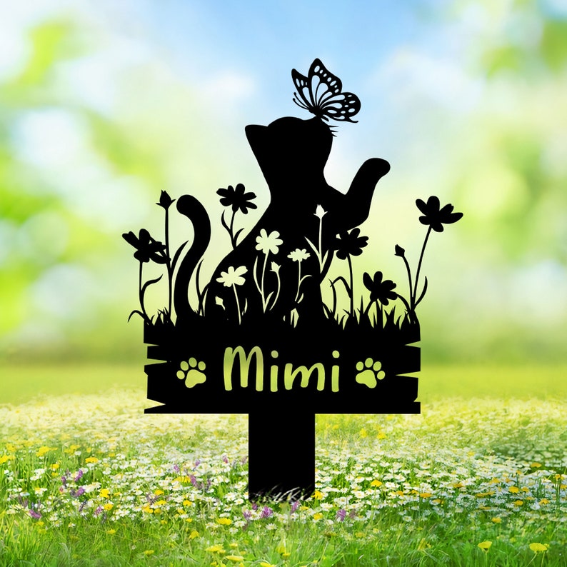 Custom Cat Memorial Stake, Cat Grave Marker Garden Decor, Cat with Butterfly & Flowers Stake, Cat Loss, Cat Memorial Gift, Sympathy Sign