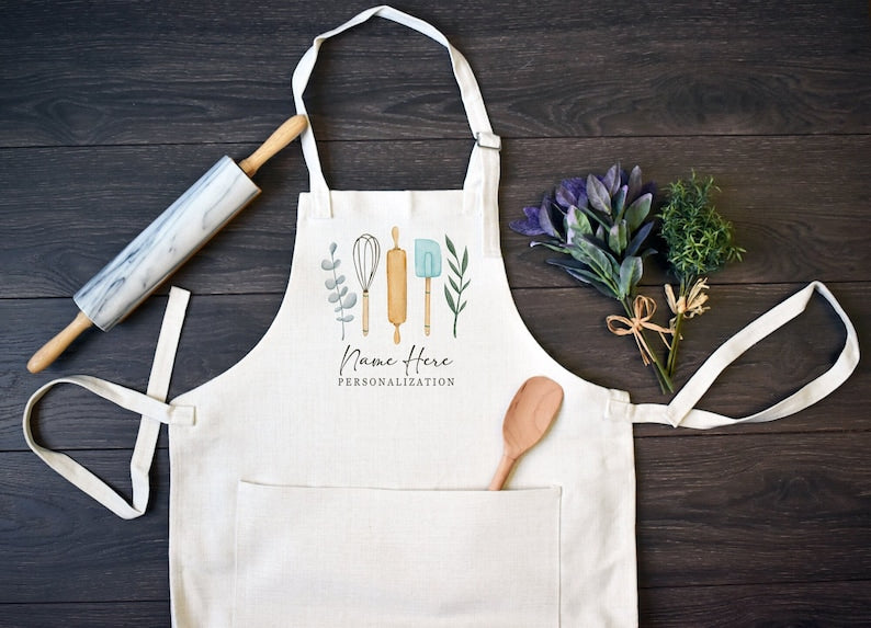 Personalized Linen Kitchen Apron, Custom Cooking Apron with Pocket, Mother's Day Gift, Gift For Mom, Gift For Grandma