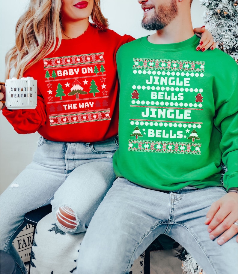 Xmas Pregnancy Announcement, Ugly Couples Christmas Sweater, Christmas Gender Reveal, Ugly Couple Sweaters, Couples Christmas Sweater