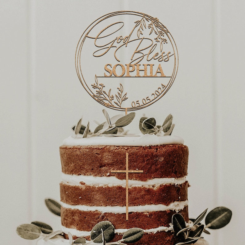 God bless cake topper,Baptism cake topper, Wreath Christening cake topper, First Communion Cake topper, Personalized