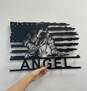 Custom Construction Welder Sign,Welding Metal Sign,US Flag Sign,Personalized Welder Wall art,Gift for Welder,Work Shop Decor