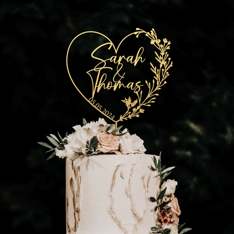 Gold Cake Topper with Heart, Heart cake topper, Wedding cake toppers,Wedding cake topper,Mr MRs Cake topper, Rustic,Personalized cake topper