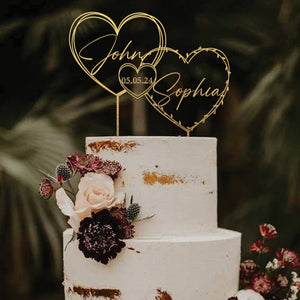 Gold Cake topper with Hearts for Wedding, Date Cake topper, Cake topper wedding, Custom name and date cake topper, Anniversary Cake topper