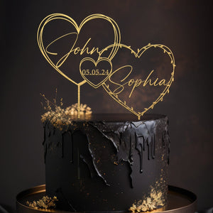 Gold Cake topper with Hearts for Wedding, Date Cake topper, Cake topper wedding, Custom name and date cake topper, Anniversary Cake topper