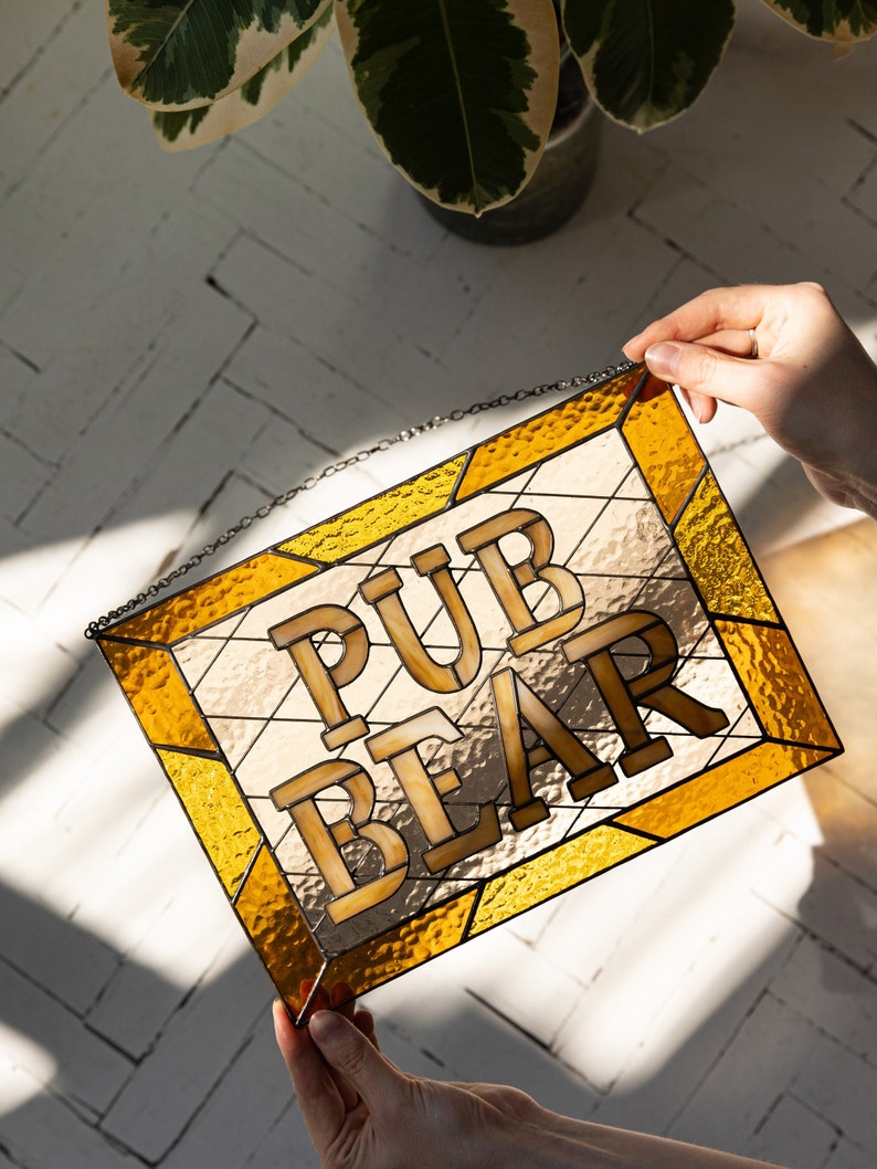 Custom stained glass name pub sign suncatcher address personalized name cling housewarming gift Beer Mug Hangings Logo Bar Symbol Restaurant