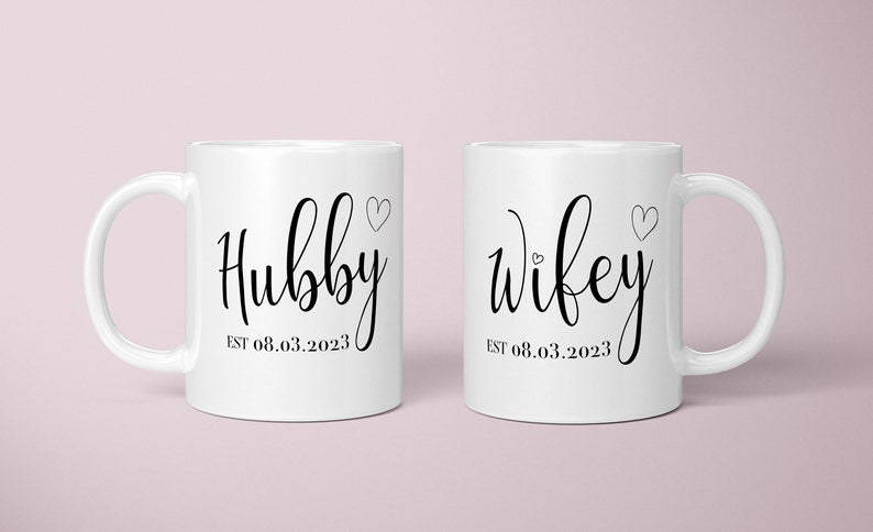 Mr Mrs Mugs, Hubby Wifey Custom Couple Coffee Mug Set, Unique Wedding Gift, Coffee Lovers, Engagement Bride and Groom Christmas Gift