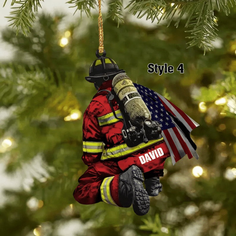 Personalized Firefighter and Fire Extinguisher Christmas Ornament for Fireman, US Flag Firefighter Ornament, Custom Acrylic Car Ornament