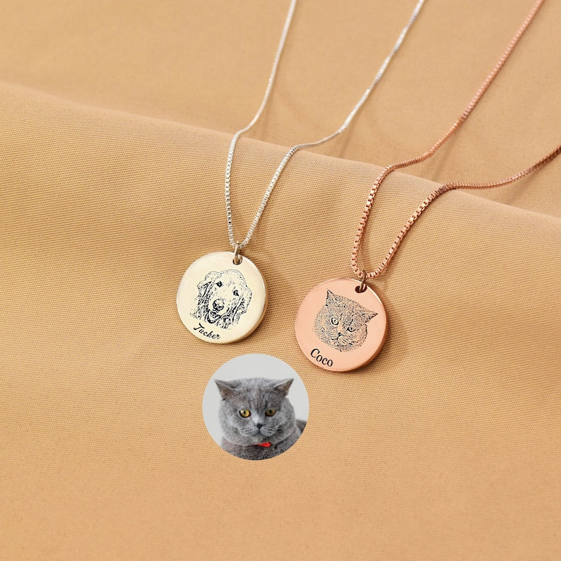 Custom Pet Portrait Name Necklace, Dog Photo Necklace, Cat Picture Necklace, Pet Memorial Necklace, Gift For Pet Lover,Gift for Her