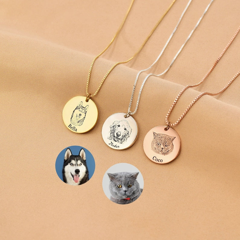 Custom Pet Portrait Name Necklace, Dog Photo Necklace, Cat Picture Necklace, Pet Memorial Necklace, Gift For Pet Lover,Gift for Her
