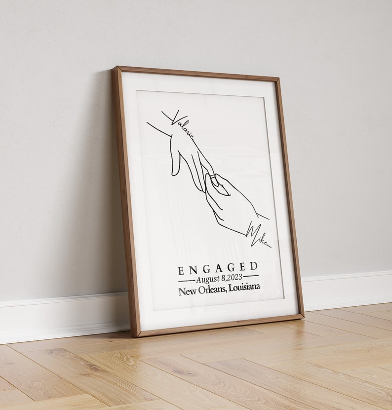 Personalised Engagement Hands Line Art Print, Custom Couple Gift, Engaged Keepsake Frame (No Frame)