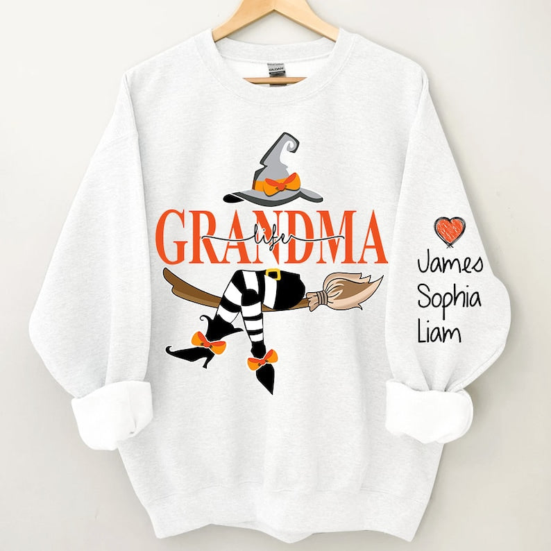 Custom Halloween Grandma Witch Sweatshirt, Grandma And Grandkids Halloween Sweatshirt, Grandma Shirt With Name On Sleeve, Mom Halloween Gift il_794xN.5236949251_3dqj.jpg