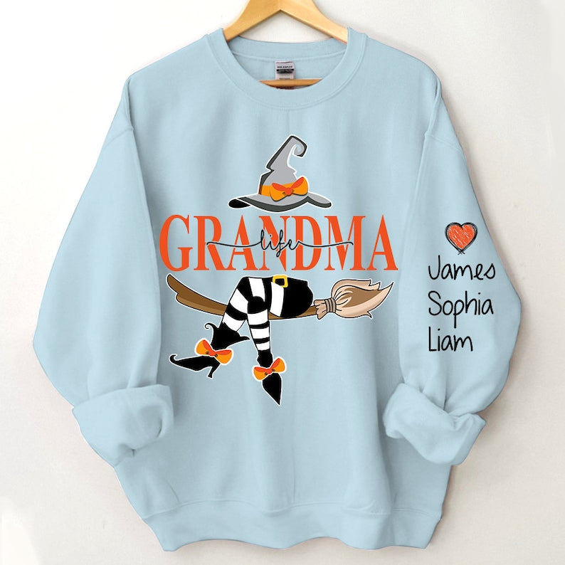 Custom Halloween Grandma Witch Sweatshirt, Grandma And Grandkids Halloween Sweatshirt, Grandma Shirt With Name On Sleeve, Mom Halloween Gift il_794xN.5236949283_458z.jpg