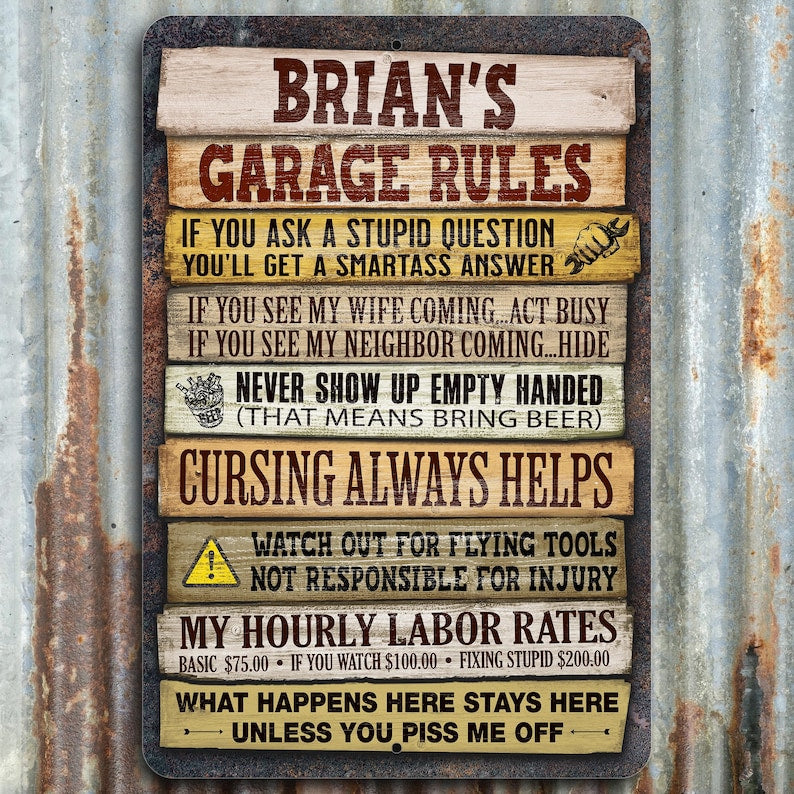 Garage Rules Sign, Personalized Workshop Rules, Funny Shop Decor, Gift for Him
