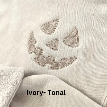 Halloween Pumpkin Face Crewneck Sweatshirt, Embroidered Jackolantern Pullover, Tonal Spooky Season Sweater, Trendy Fall Apparel, Unisex