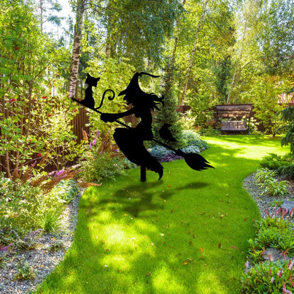 Witch with Broomstick Metal Garden Decor, Witch with Stakes Garden Sign, Halloween Sign, Witch with Cat and Crow Decor, Outdoor Fall Decor