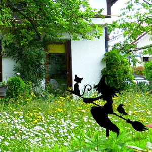 Witch with Broomstick Metal Garden Decor, Witch with Stakes Garden Sign, Halloween Sign, Witch with Cat and Crow Decor, Outdoor Fall Decor