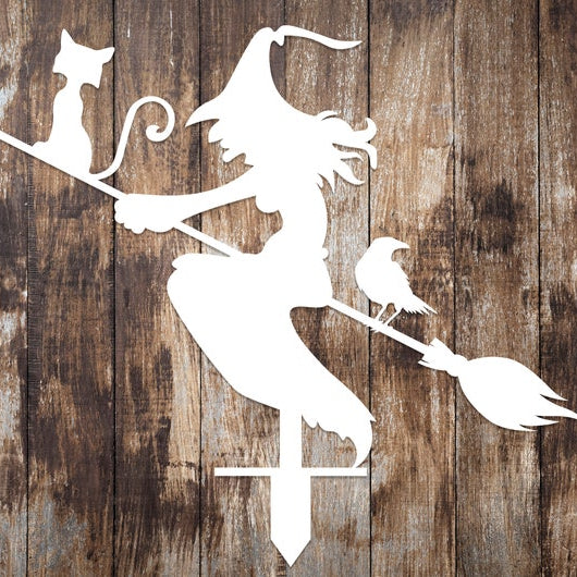 Witch with Broomstick Metal Garden Decor, Witch with Stakes Garden Sign, Halloween Sign, Witch with Cat and Crow Decor, Outdoor Fall Decor