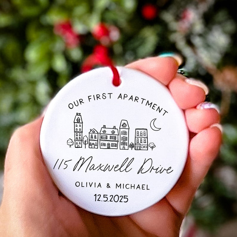Apartment Warming Gift Our First Apartment Ceramic Christmas Ornament New Address Ornament Client Appreciation First Apartment Gift New Home