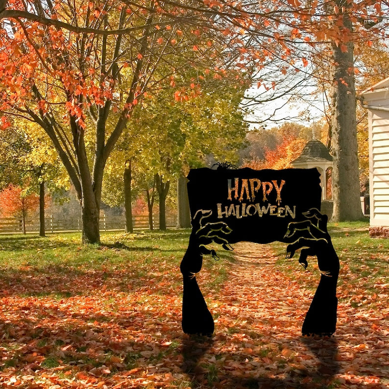 Metal Happy Halloween Garden Sign, Zombie Hands Decor, Cemetery Halloween Garden Stakes, Grave Yard Art, Outdoor Sign, Metal Halloween Gift
