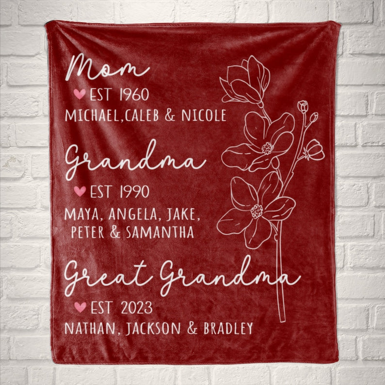 Great Grandma Blanket with Grandkid Names Grandparent Gift Grandmother Custom Throw Blanket Mother in law Mothers Day Christmas Birthday