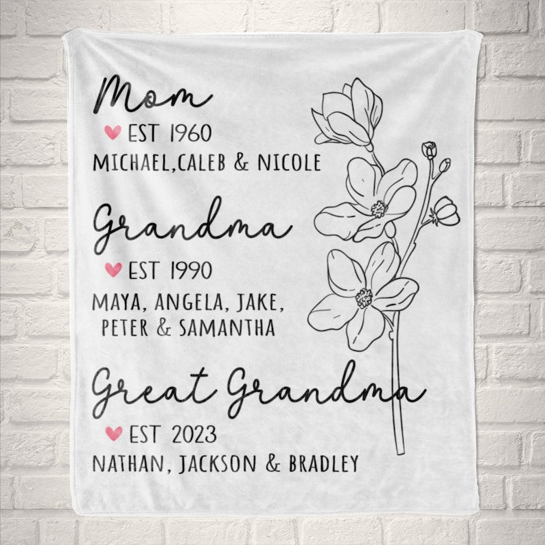 Great Grandma Blanket with Grandkid Names Grandparent Gift Grandmother Custom Throw Blanket Mother in law Mothers Day Christmas Birthday