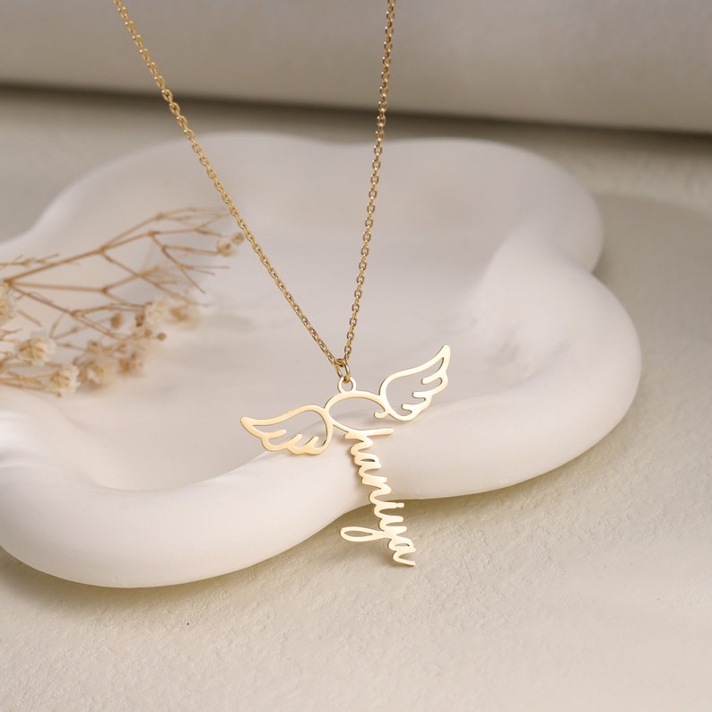 Angel Wings Necklace with Custom Name|Silver Fairy Wings Vertical Name Necklace||Memorial Name Necklace|Memorial Gift for Loss