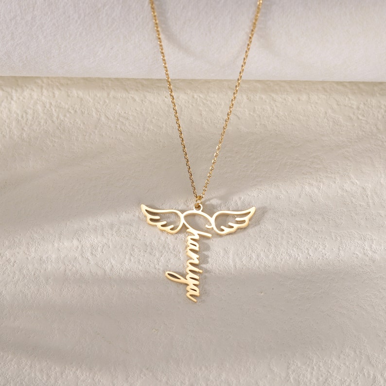 Angel Wings Necklace with Custom Name|Silver Fairy Wings Vertical Name Necklace||Memorial Name Necklace|Memorial Gift for Loss