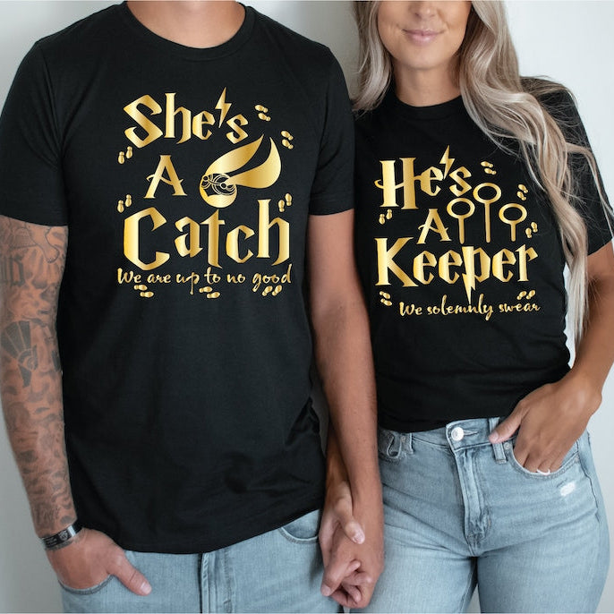 She's A Catch, He's A Keeper, Couples T-shirts, Perfect gift idea, Vacation tees, Gold metallic