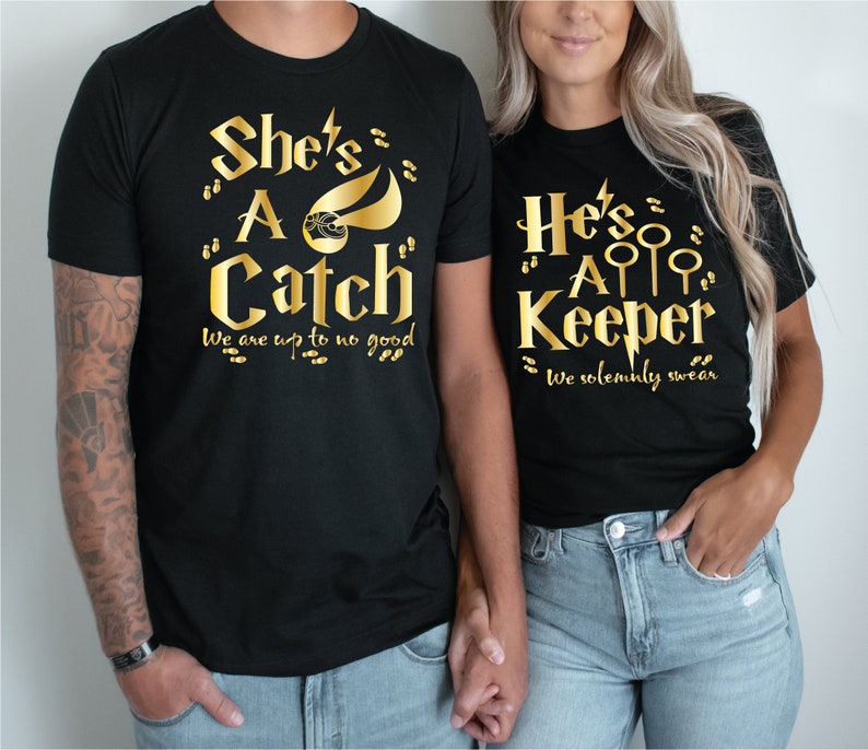 She's A Catch, He's A Keeper, Couples T-shirts, Mix and Match Couple Shirt, V-neck and T-Shirts, Perfect gift idea, Vacation tees, Gold