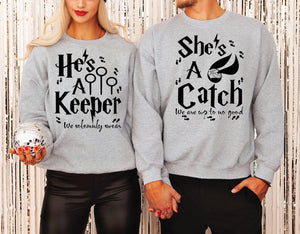 She's A Catch, He's A Keeper, Couples T-shirts, Perfect gift idea, Vacation tees, Gold metallic