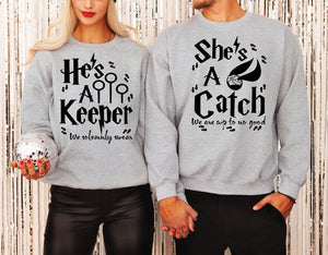 She's A Catch, He's A Keeper, Couples T-shirts, Mix and Match Couple Shirt, V-neck and T-Shirts, Perfect gift idea, Vacation tees, Gold