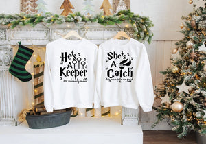 She's A Catch, He's A Keeper, Couples T-shirts, Mix and Match Couple Shirt, V-neck and T-Shirts, Perfect gift idea, Vacation tees, Gold