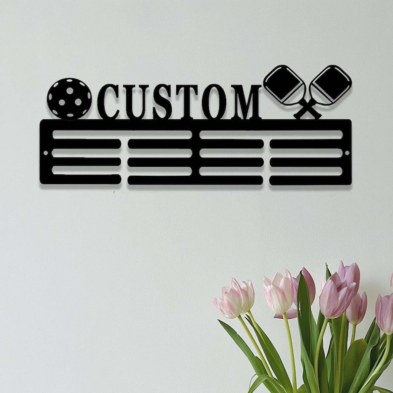 Personalized Pickleball Medal Holder,Custom Pickleball Name Medal Hanger,12 Rungs for Medals & Ribbons,Pickleball Award Medal Display