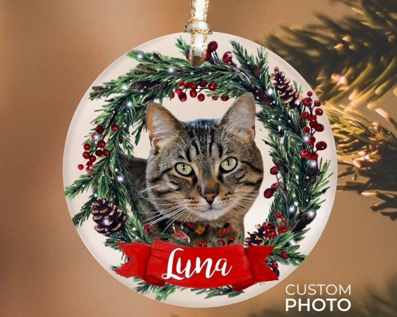 Personalized Pet Ornament, Custom Dog Christmas Ornament, Pet Memorial Ornament, Cat Christmas Photo Ornament, Pet Portrait Name Gift