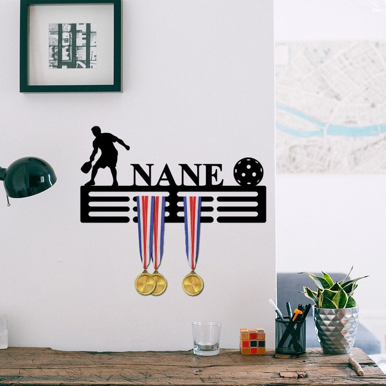 Pickleball Medal Holder Custom Pickleball Medal Hanger with Name, 12 Rungs for Medals & Ribbons, Pickleball Medal Display Award Display