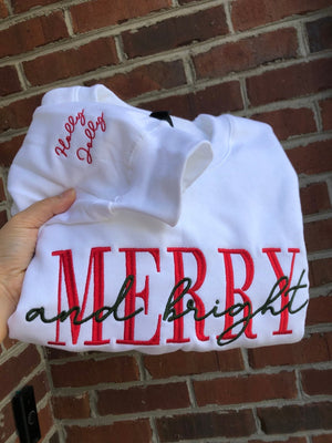 Embroidered merry and bright crewneck cozy sweatshirt holiday Christmas gifts anniversary custom sleeves housewarming gift Santa gift