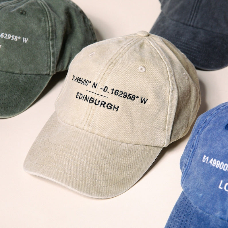 Custom Baseball Cap - Personalised Embroidered Hat with Your Favourite Location Coordinates - Washed Out Cotton Vintage Style Dad Hat