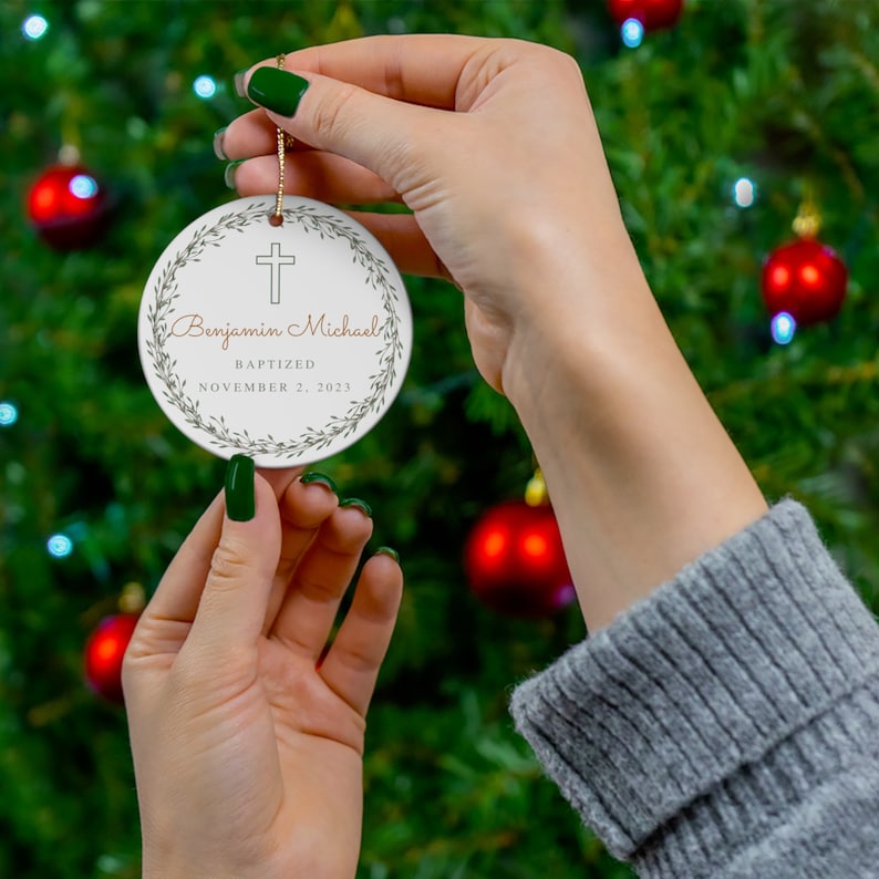 Personalized Cross Porcelain Ornament Baptism Gift for Boy Godson Gift Custom Baptized Keepsake For Parents Religious Gift of Faith Present